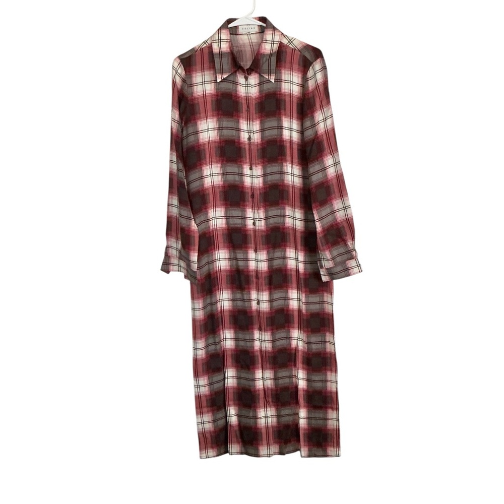 Vintage Celine Burgundy and Cream Plaid Midi Shirt Dress Sz 42 - Picture 5 of 9